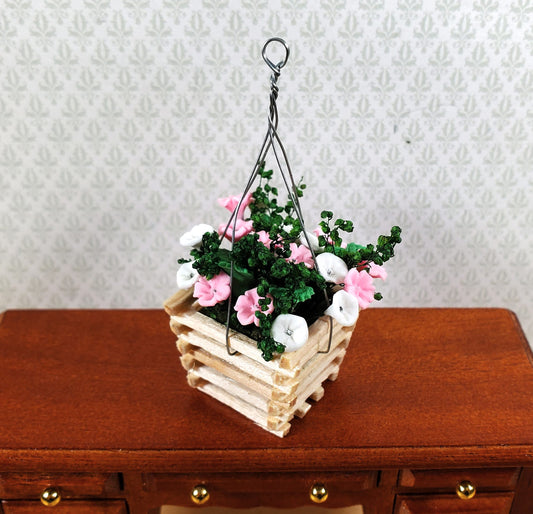 Dollhouse Pink & White Flowers in a Wood Hanging Planter 1:12 Scale Miniature