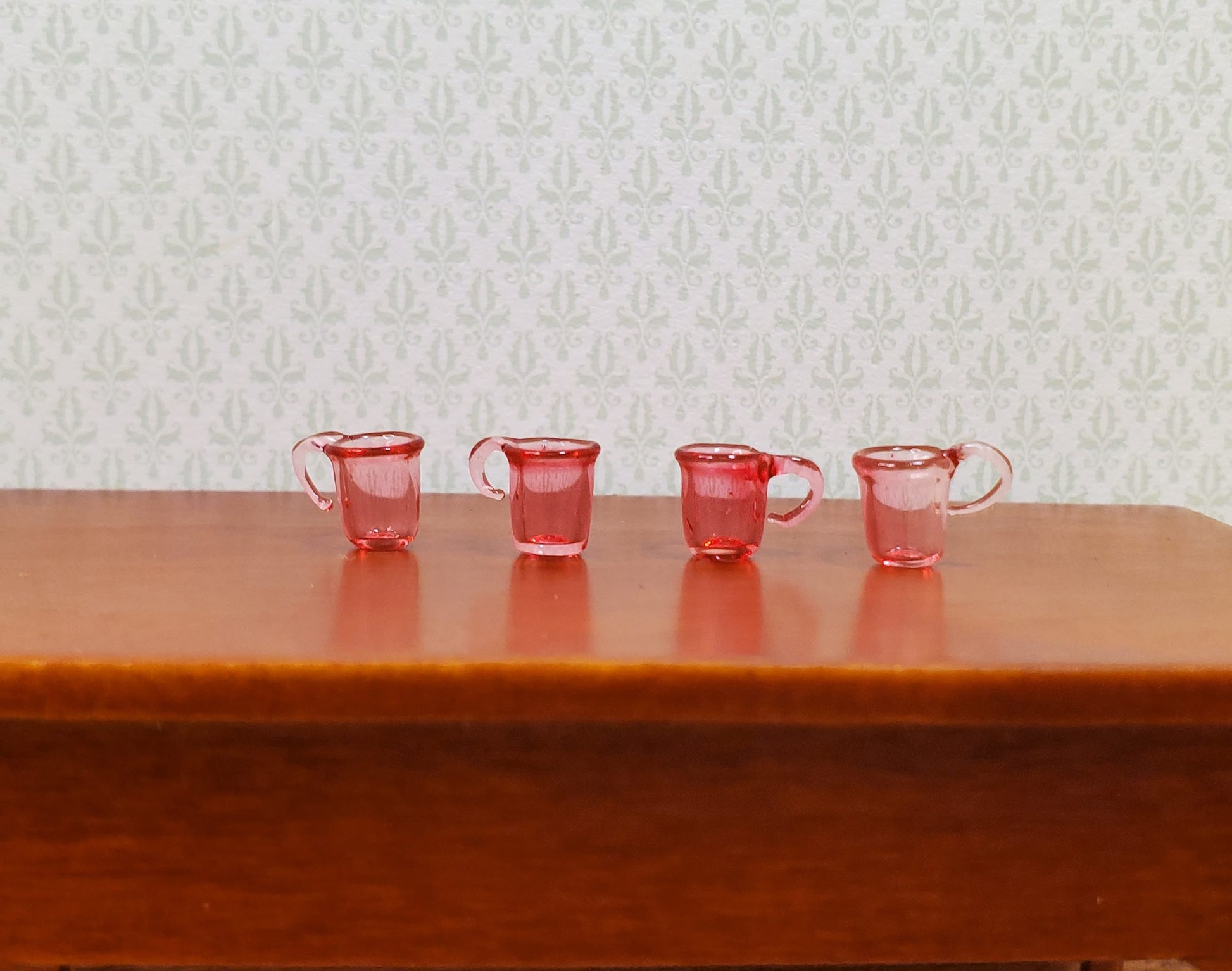 Dollhouse HALF SCALE Dark Pink Glass Cups with Handles Set of 4 1:24 Miniature