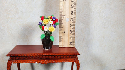 Dollhouse Yellow Roses & Asst Flowers in Black Ceramic Vase 1:12 Scale Miniature