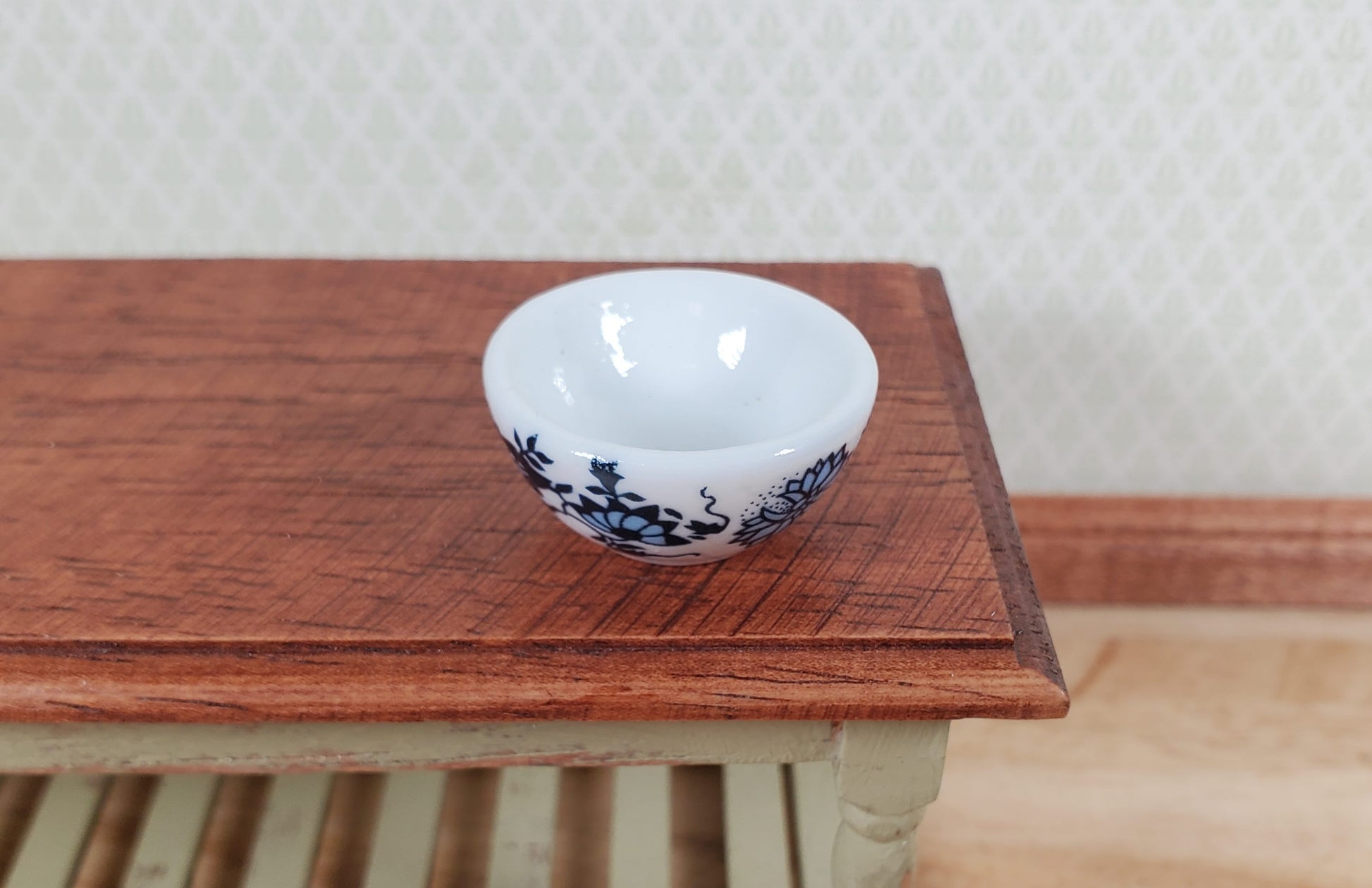 Dollhouse Large Serving Bowl Ceramic Blue White Floral 1:12 Scale Miniature