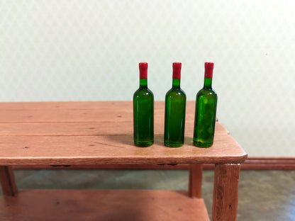 Dollhouse Miniature Wine Bottles x3 Unlabeled Green Wine Bottle Set 1:12 Scale