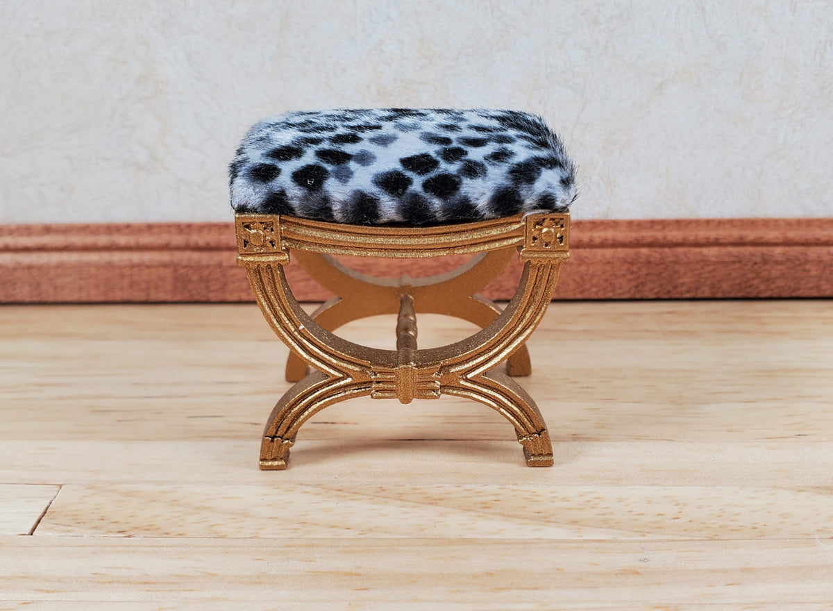 JBM Dollhouse Vanity Stool Bench Wood Animal Print Seat 1:12 Scale Miniature Furniture