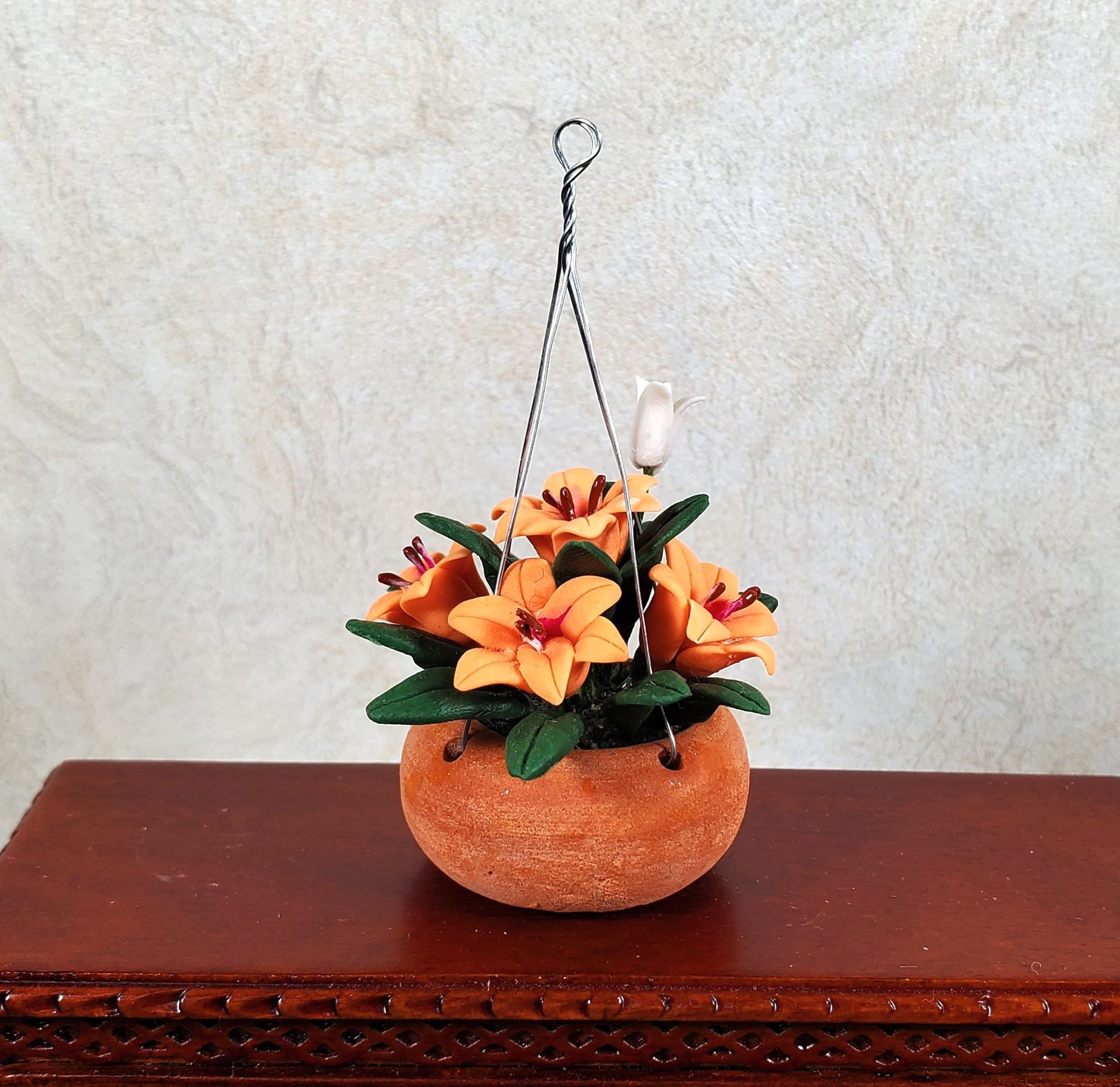 Dollhouse Orange Lilies in a Hanging Terra Cotta Planter 1:12 Scale Miniature