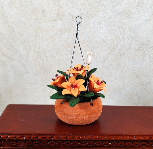 Dollhouse Orange Lilies in a Hanging Terra Cotta Planter 1:12 Scale Miniature