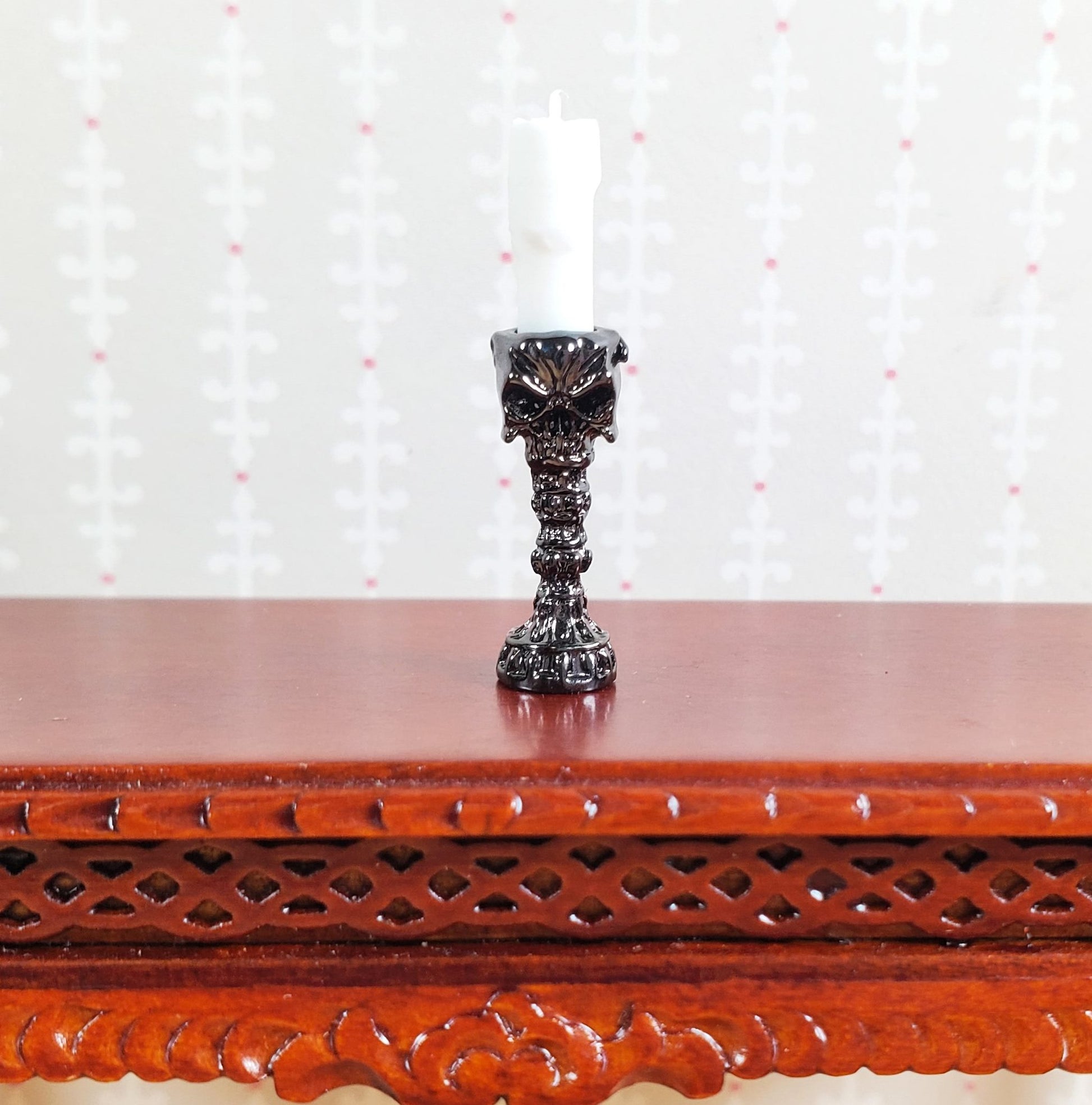 Dollhouse Skull Candlestick Silver Chrome Finish Metal 1:12 Scale 3/4" Tall