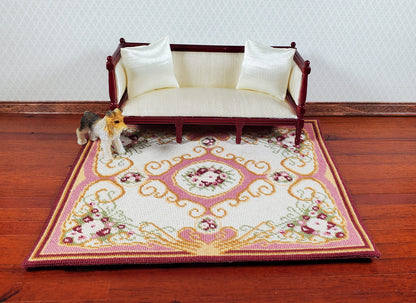 Miniature Fine Needlepoint Rug Pinks Aubusson Style 1:12 Scale Carpet Floral
