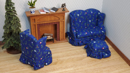Dollhouse Small Sofa Chair Ottoman Dark Blue Floral 1:12 Scale Miniature Furniture