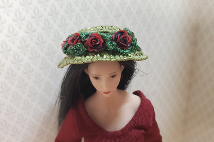 Dollhouse Victorian Hat Green with Red Roses Handmade 1:12 Scale Miniature