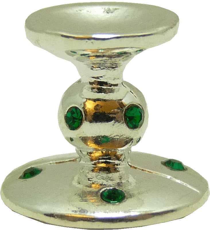 Dollhouse Emerald Encrusted Short Candlestick Holder Silver 1:12 Scale Miniature