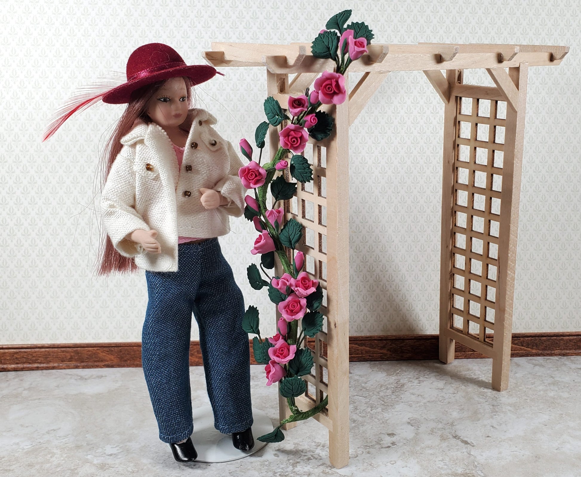 Dollhouse Climbing Roses with Leaves Pink Bendable 7" Clay Miniature Flowers Garden