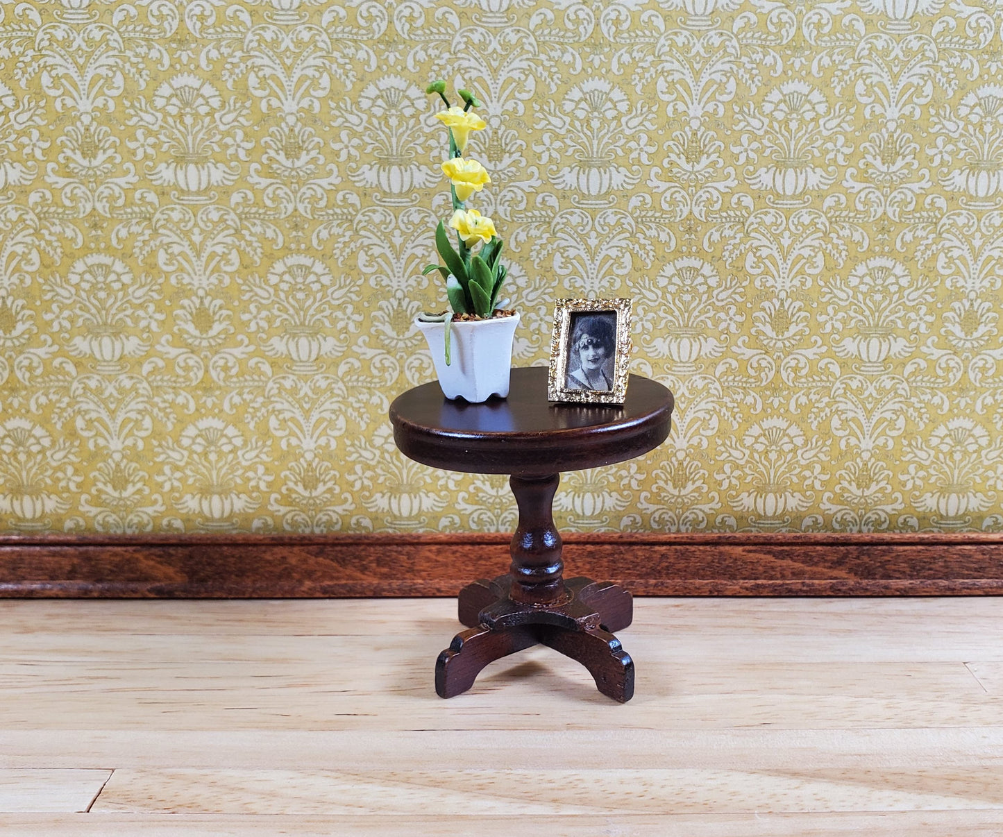 Dollhouse Miniature Table Small Round Side or End Table Walnut Finish 1:12 Scale