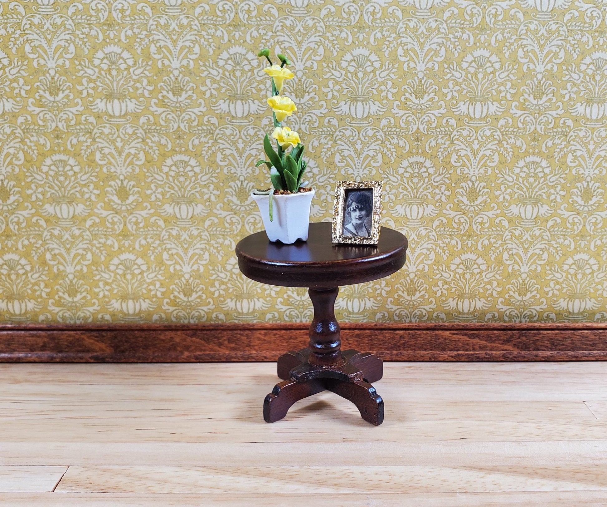 Dollhouse Miniature Table Small Round Side or End Table Walnut Finish 1:12 Scale