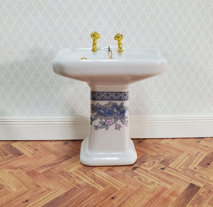 Dollhouse Bathroom Set White & Blue Ceramic Tub Toilet Sink 1:12 Scale Miniature