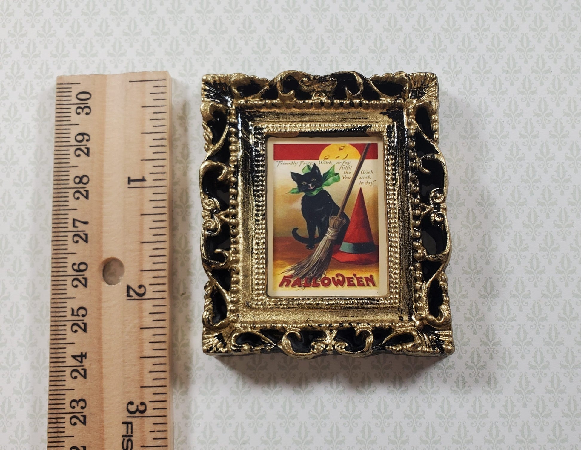 Miniature Vintage Black Cat Halloween Framed Print 1:12 Scale Witch House