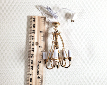 Dollhouse Candle Chandelier Gold 5 Arm 1:12 Scale Miniature 12 Volt with Plug