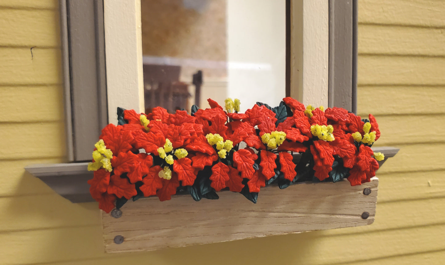 Dollhouse Red Poinsettias in Window Box Planter 1:12 Scale Miniature 3 3/8"