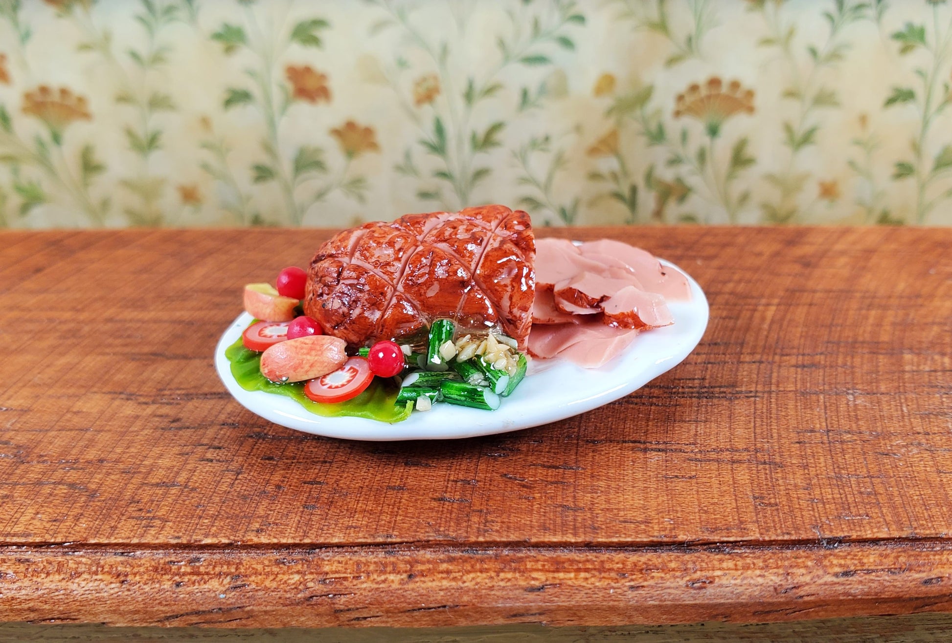 Dollhouse Sliced Ham with Vegetables on Ceramic Platter 1:12 Scale Miniature