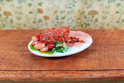 Dollhouse Sliced Ham with Vegetables on Ceramic Platter 1:12 Scale Miniature