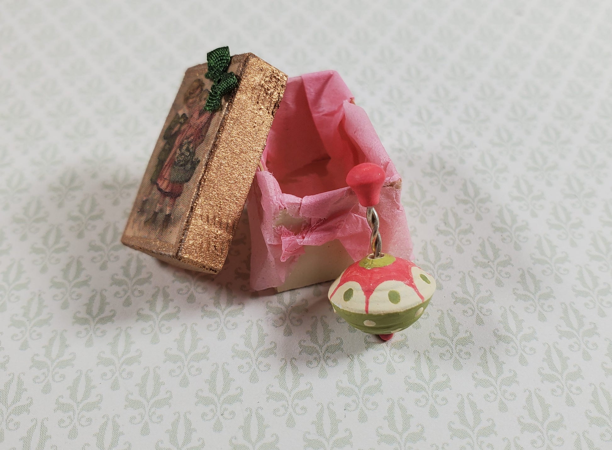 Dollhouse Toy Top in Gift Box Handmade Wood 1:12 Scale Miniature Nursery