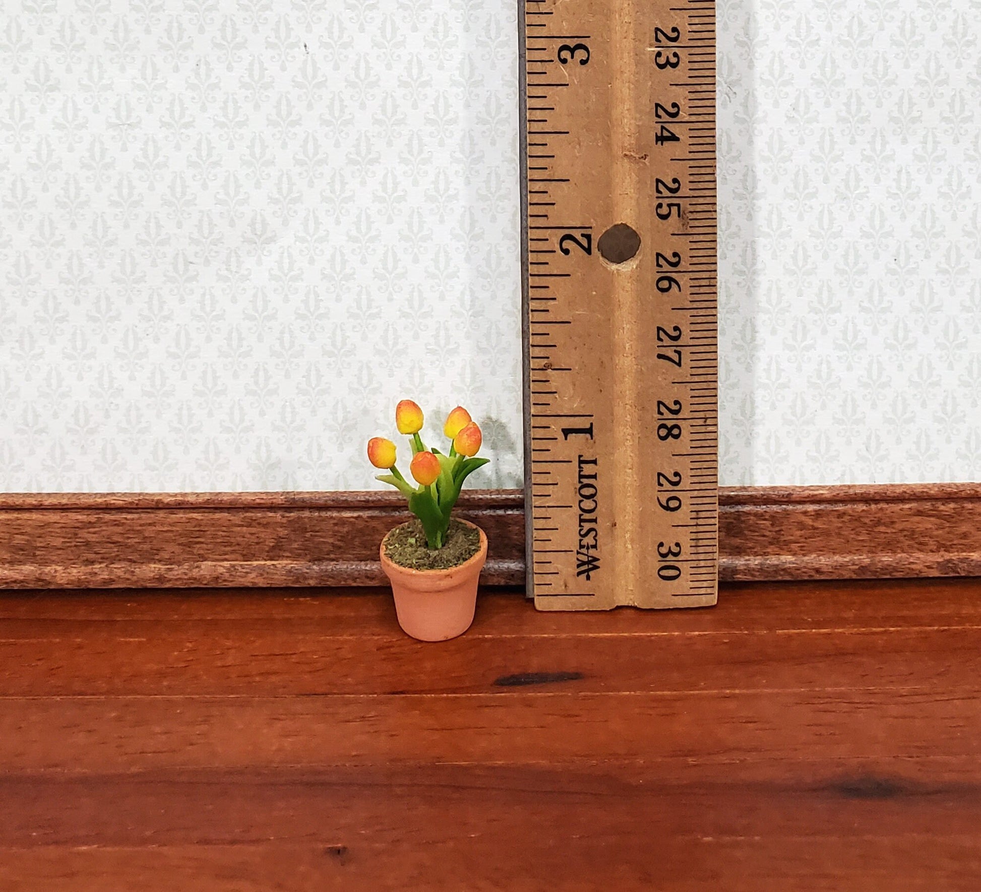 Dollhouse Yellow Orange Tulips in a Terra Cotta Planter Pot 1:12 Scale Miniature