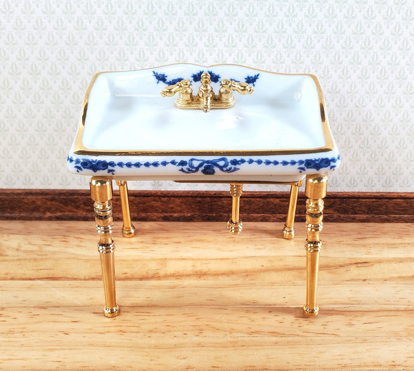 Dollhouse Sink Bathroom Small White and Blue Reutter Porcelain Miniature