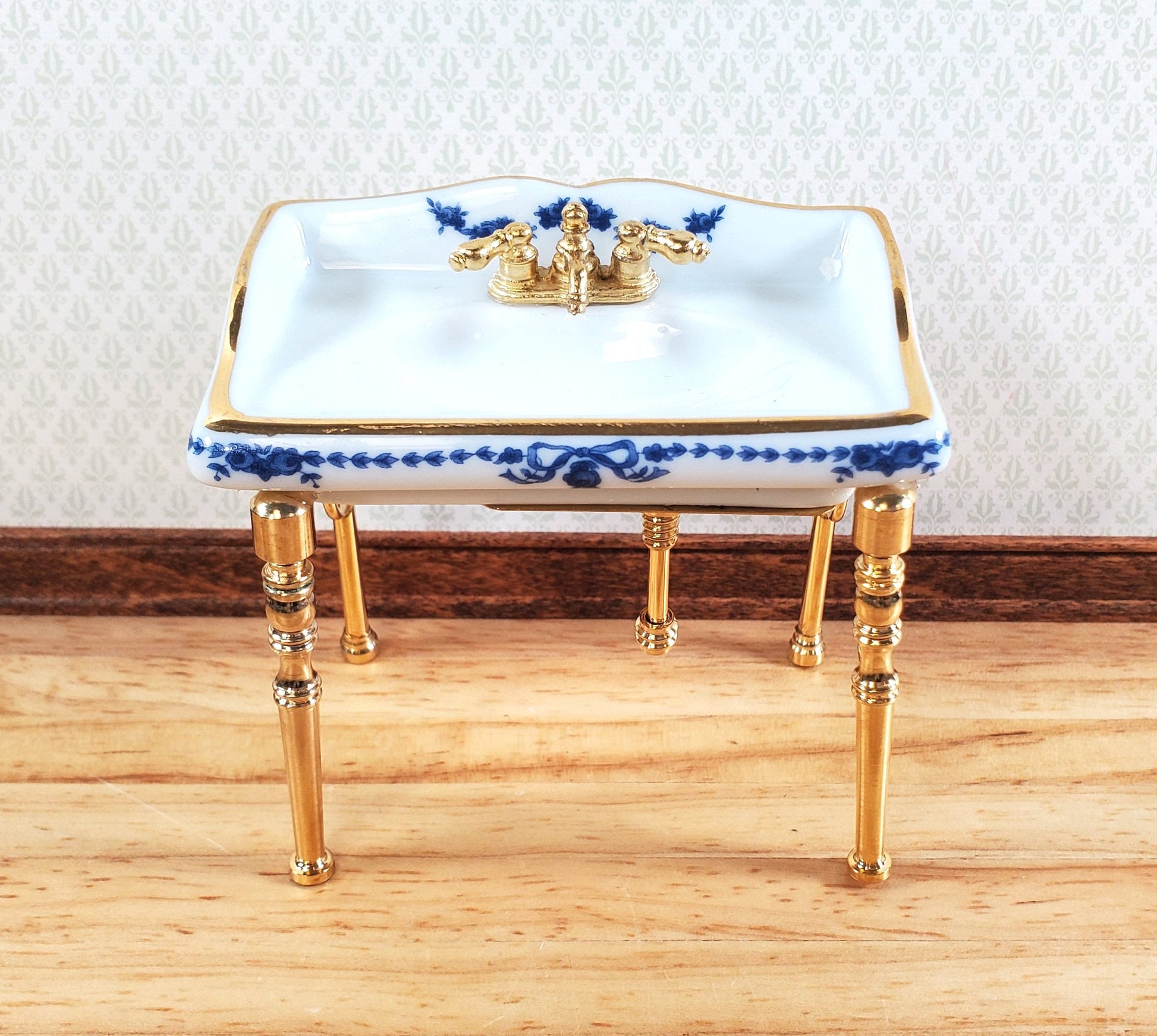 Dollhouse Sink Bathroom Small White and Blue Reutter Porcelain Miniature