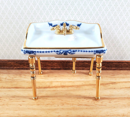 Dollhouse Sink Bathroom Small White and Blue Reutter Porcelain Miniature