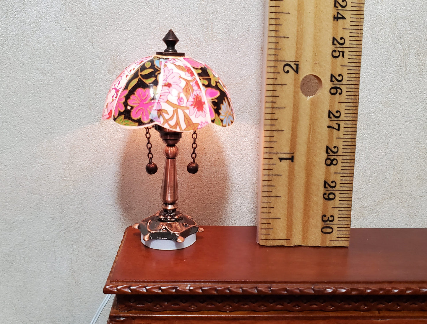 Dollhouse Table Lamp 12 volt w/ Plug Floral Shade Bronze Base 1:12 Scale