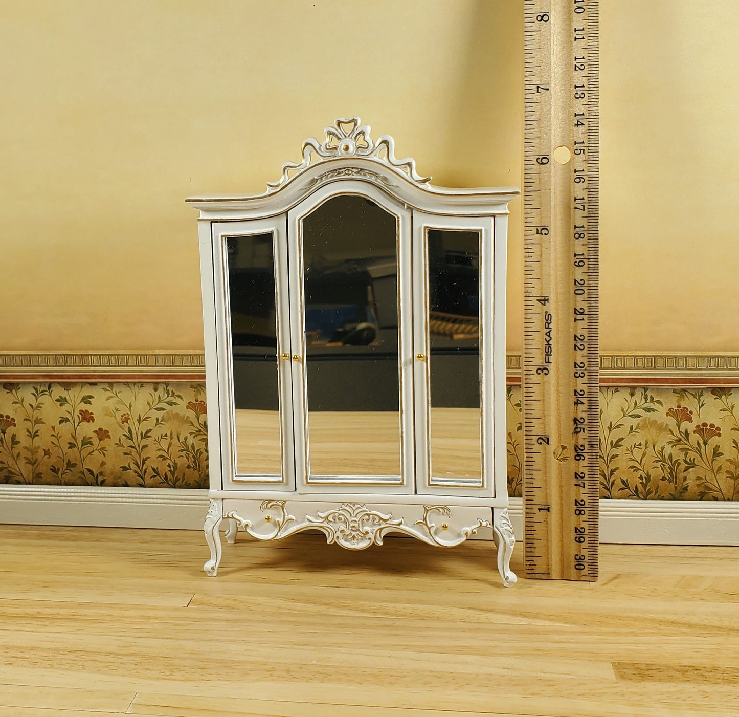 JBM Dollhouse Wardrobe Mirrored Closet Victorian Style 1:12 Scale White