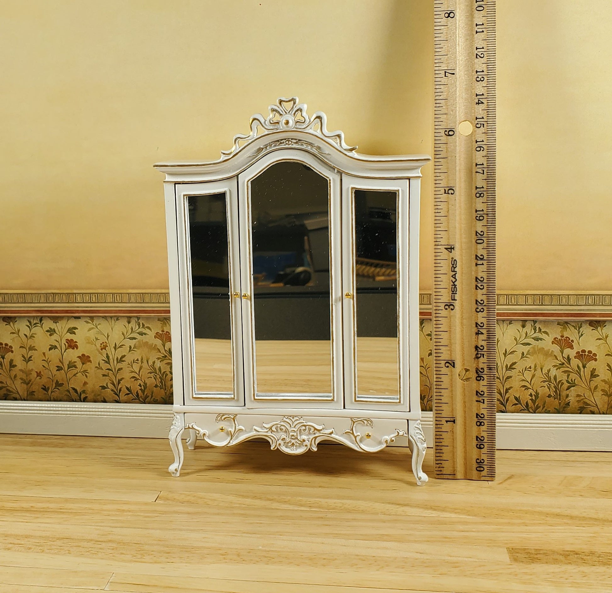 JBM Dollhouse Wardrobe Mirrored Closet Victorian Style 1:12 Scale White