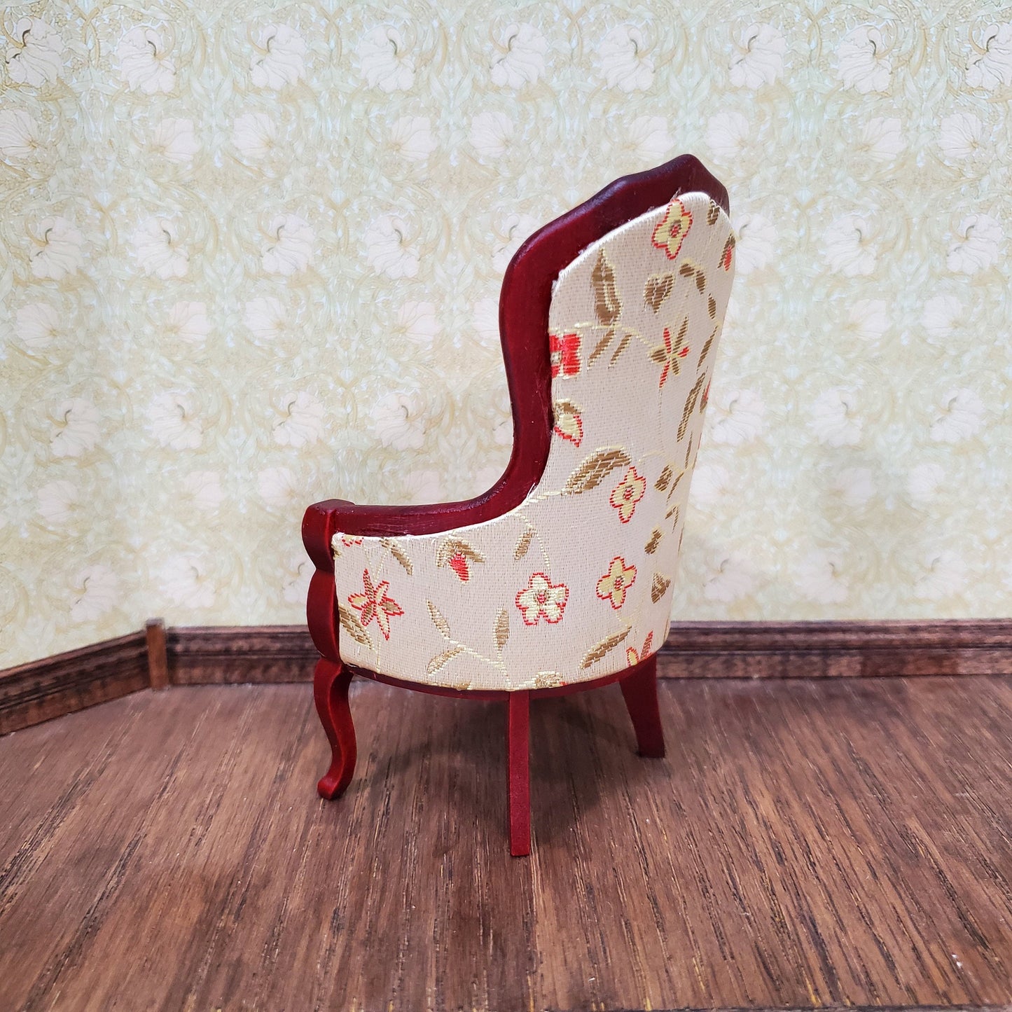 Dollhouse Chair Victorian Style Gold Floral Print 1:12 Miniature Mahogany Finish