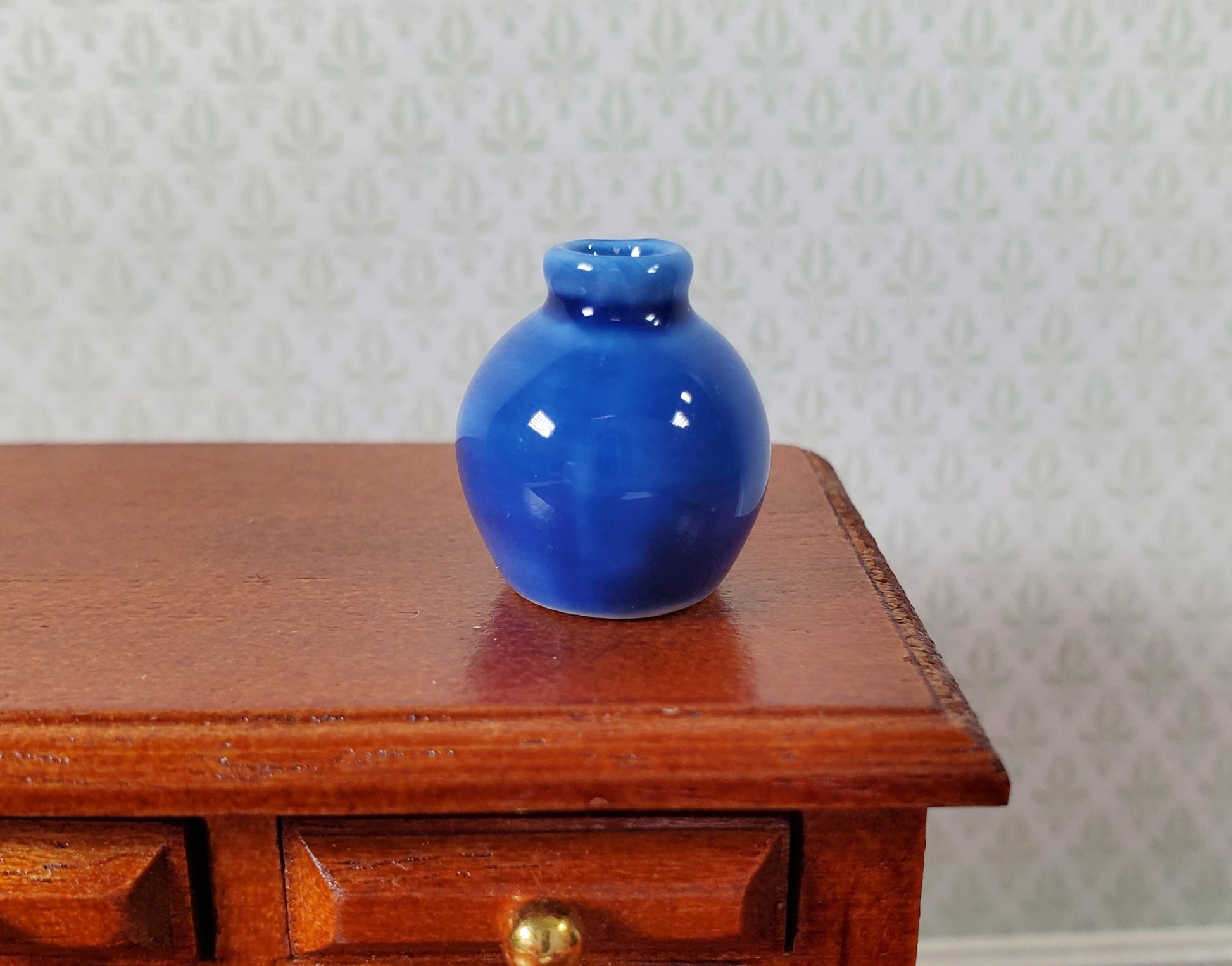 Dollhouse Small Dark Blue Round Ceramic Vase 1:12 Scale Miniature