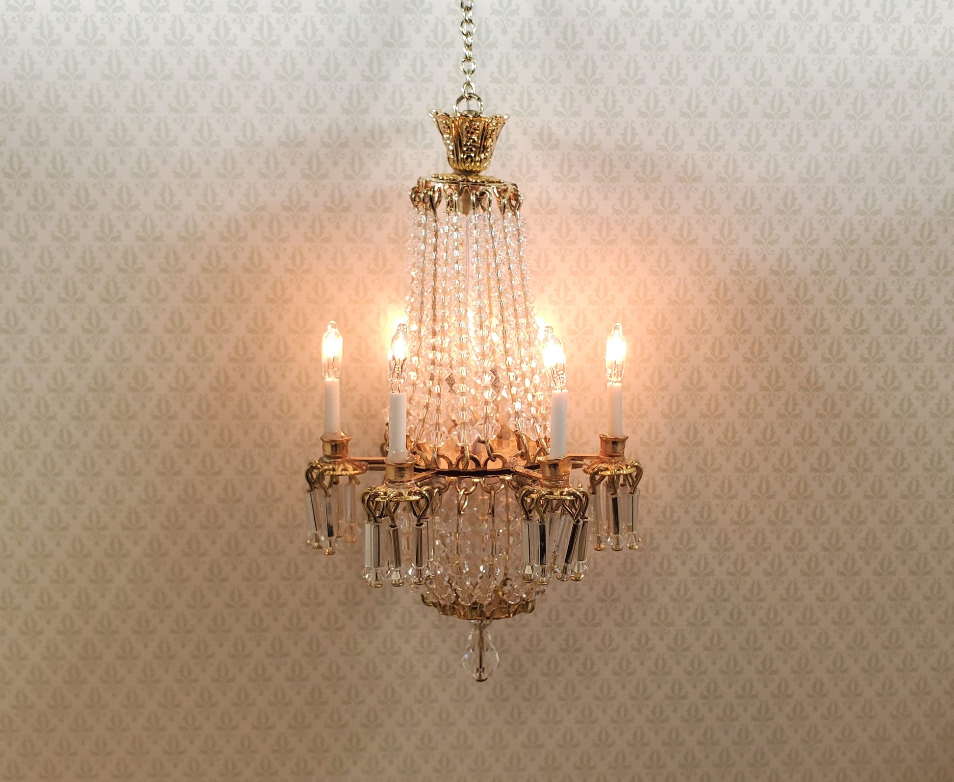 Dollhouse Crystal Chandelier Grand 6 Arm Real Glass 12 Volt 1:12 Scale Miniature