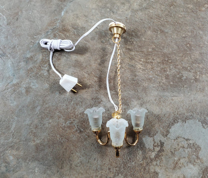 Dollhouse 3 Arm Flower Chandelier Light 12 Volt Electric with Plug 1:12 Scale