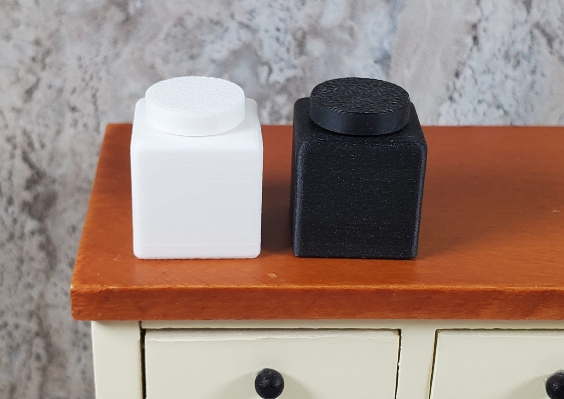 2 Miniature Canisters Black & White Square Dollhouse 1:12 Interchangeable Lids - Miniature Crush