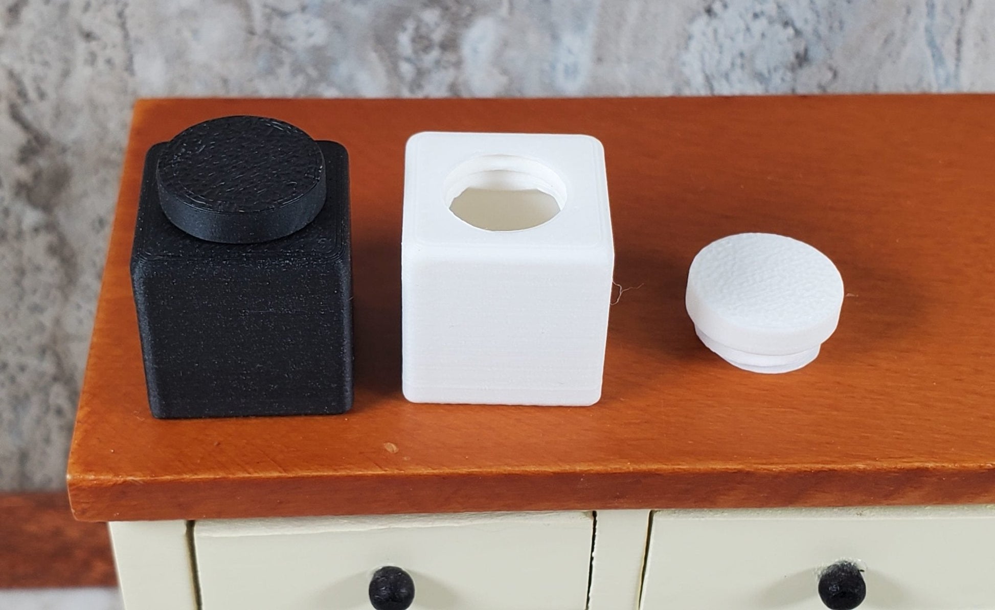 2 Miniature Canisters Black & White Square Dollhouse 1:12 Interchangeable Lids - Miniature Crush