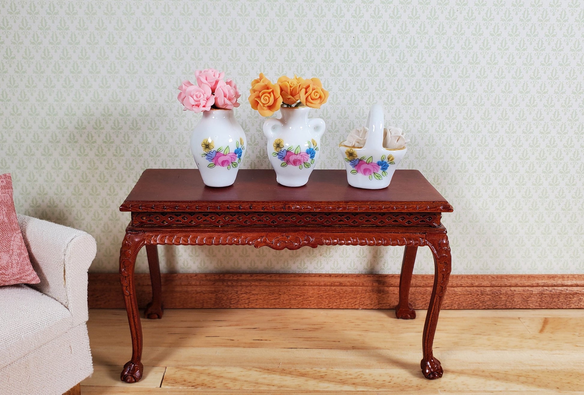 Dollhouse Vase Urn & Basket Ceramic White Pink Floral 3pc 1:12 Scale Miniatures