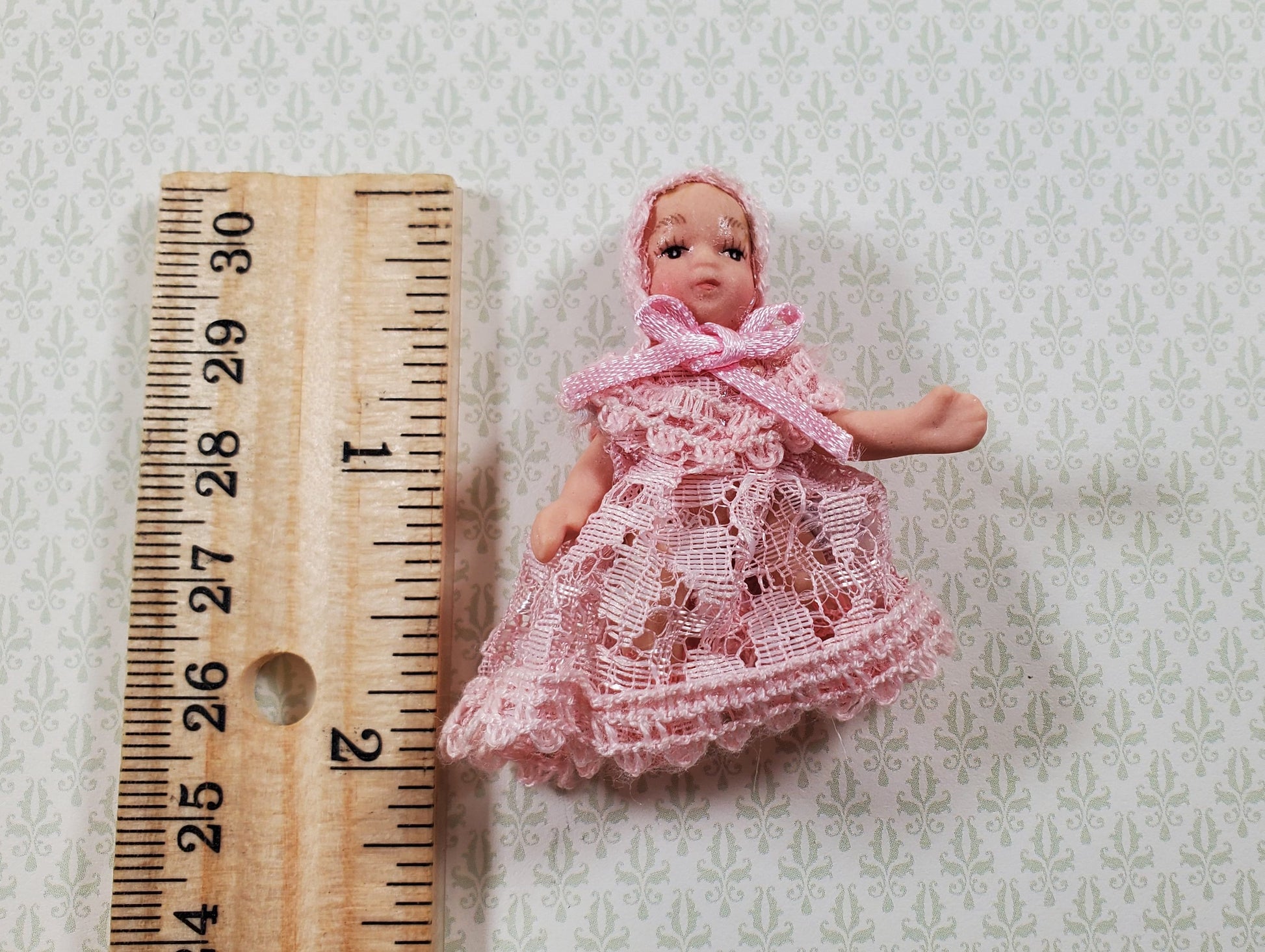 Dollhouse Baby Doll Porcelain Moveable 1:12 Scale Miniature Pink Lace Outfit