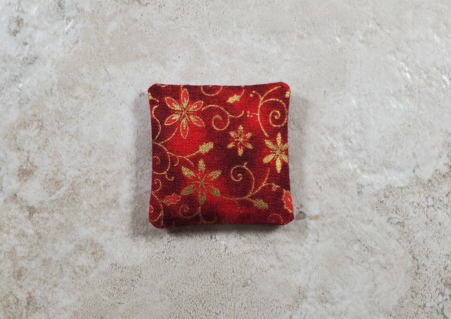 Dollhouse Miniature Pillow Red Christmas Poinsettias Handmade 1:12 Scale 1 1/2"