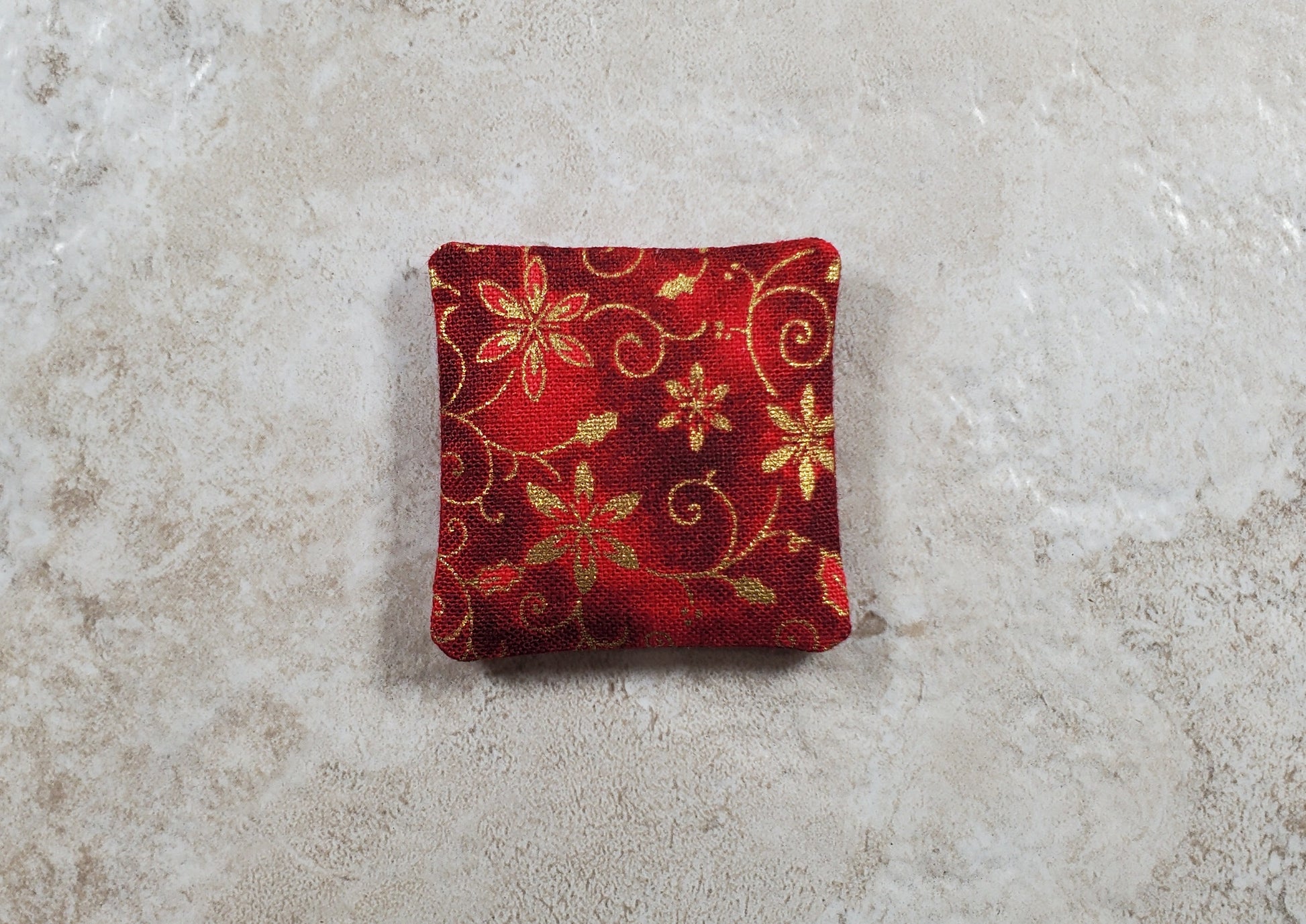 Dollhouse Miniature Pillow Red Christmas Poinsettias Handmade 1:12 Scale 1 1/2"
