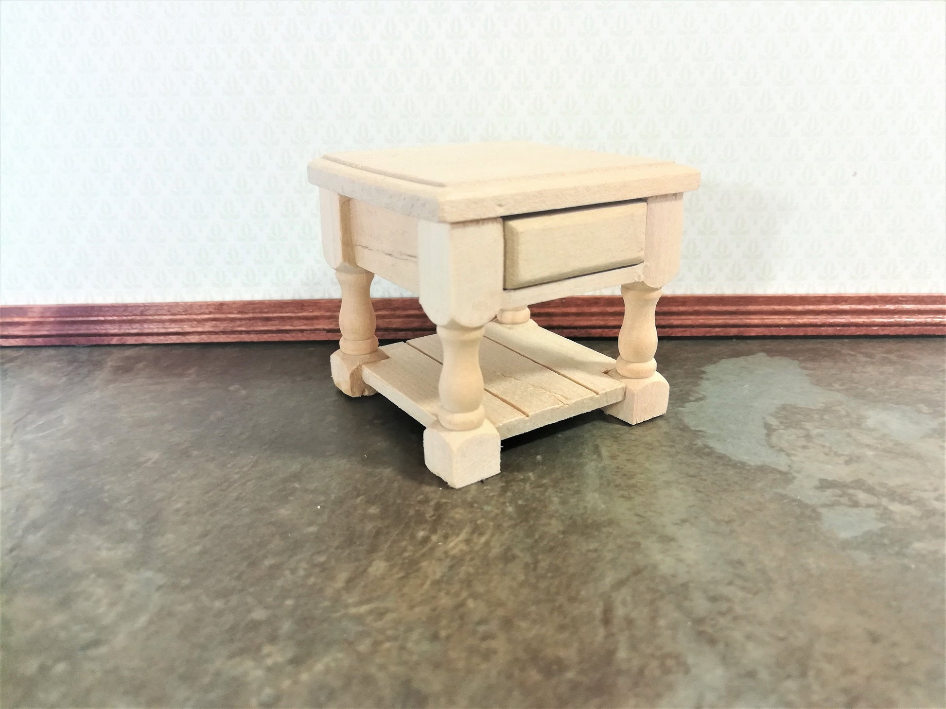 Dollhouse Miniature Side Table or Night Stand with Drawer Unpainted Wood Tudor Style 1:12 Scale Wood