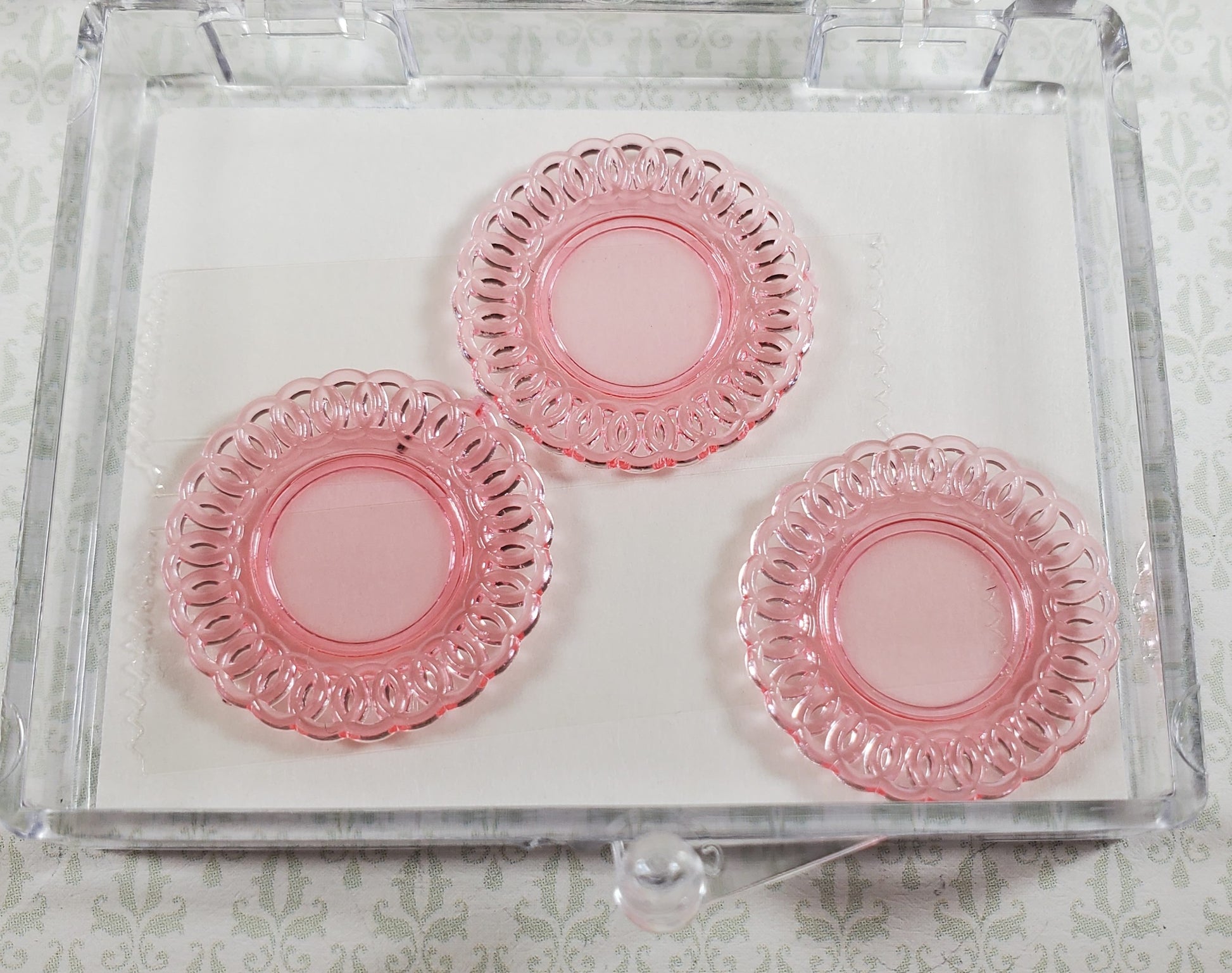 Dollhouse Plates Pink x3 Translucent Chrysnbon Lace Edge Plastic 1:12 Scale