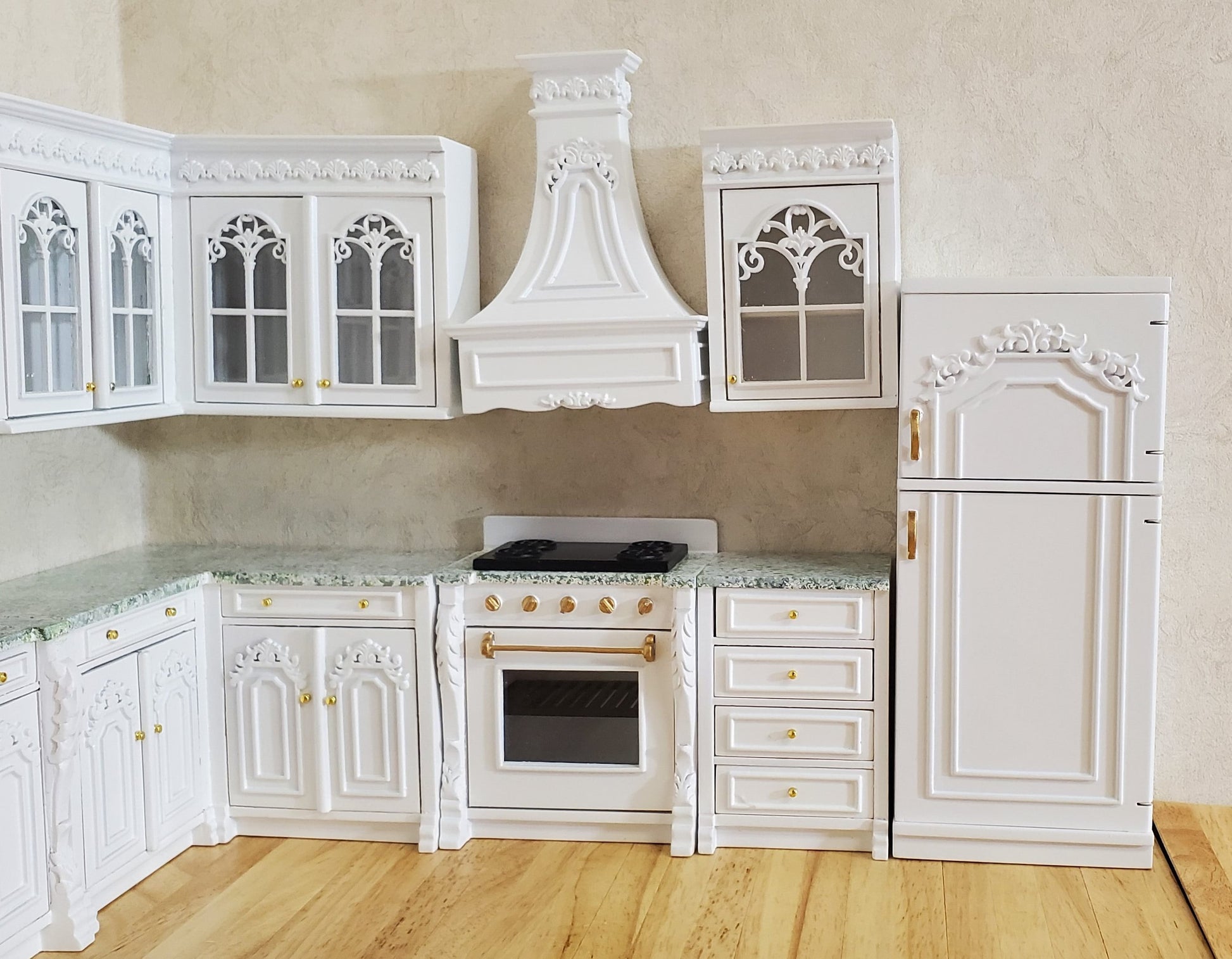JBM Dollhouse Deluxe Kitchen Set 12 Pcs Stove Sink Cupboards Fridge White 1:12