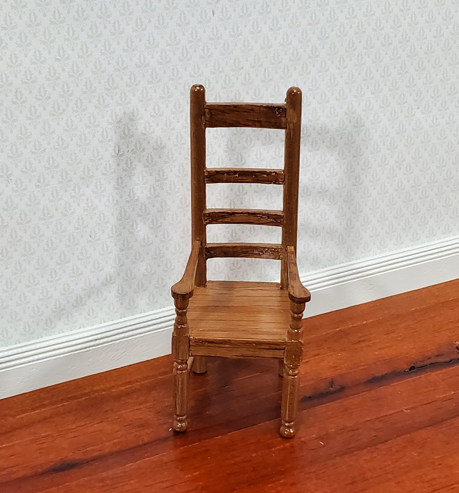 Dollhouse Arm Chair Ladderback Style Narrow Slim Profile 1:12 Scale Walnut Finish