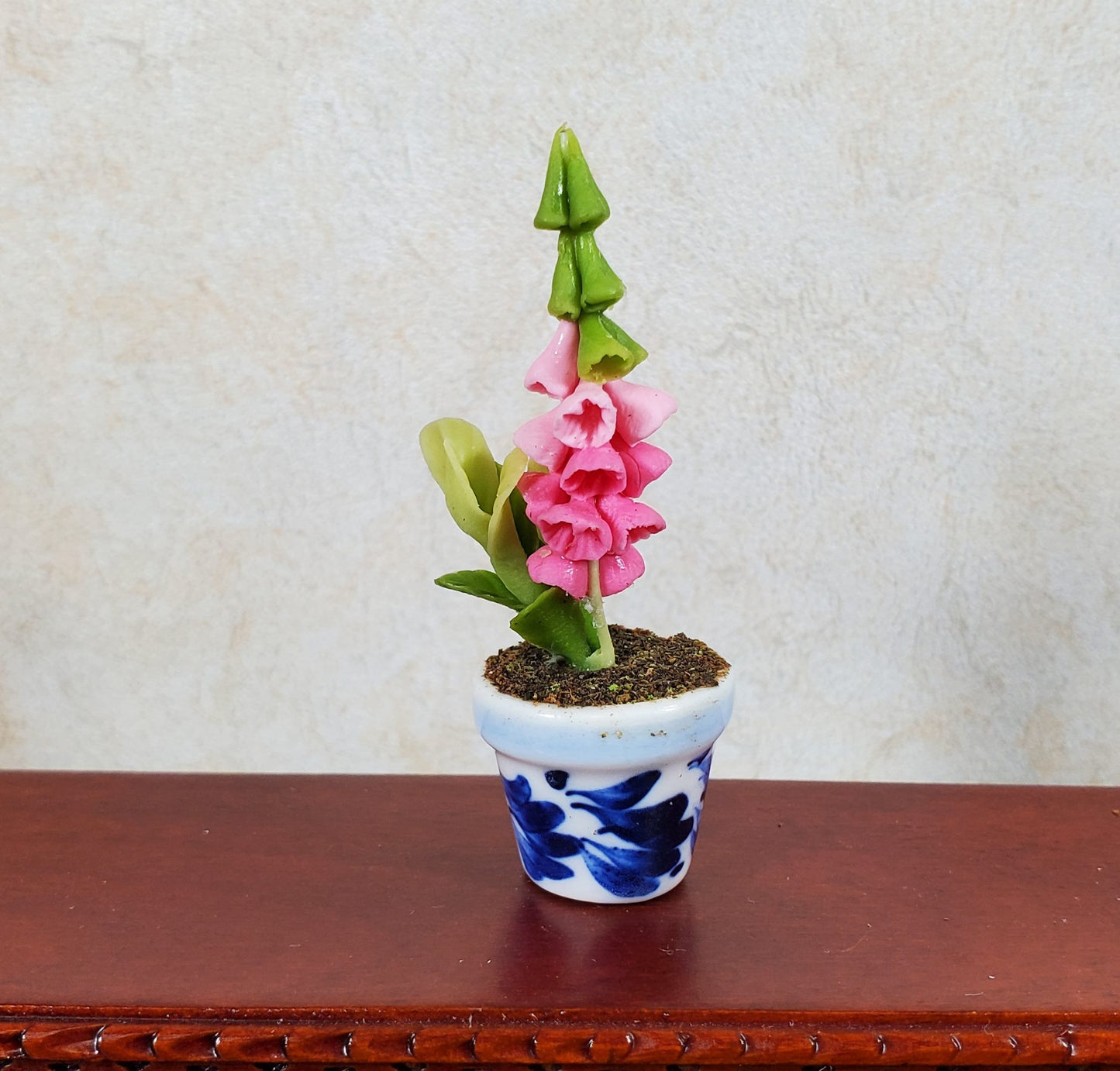 Dollhouse Potted Pink Bell Flowers 1:12 Scale Miniature Blue White Ceramic Pot
