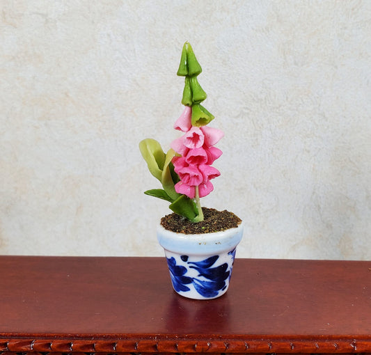 Dollhouse Potted Pink Bell Flowers 1:12 Scale Miniature Blue White Ceramic Pot