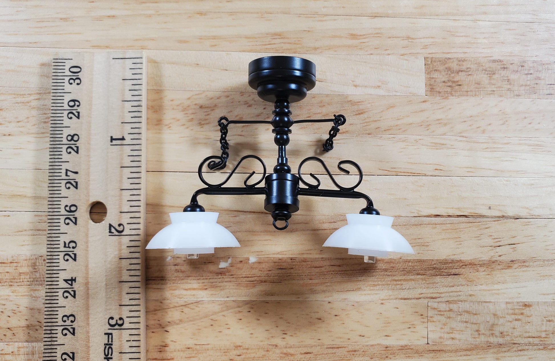 Dollhouse Ceiling Light Black with Chains & Wand 1:12 Miniature Battery Lamp