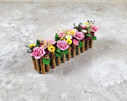 Dollhouse Pink Carnations in a 3.75" Wooden Picket Planter 1:12 Scale Miniature