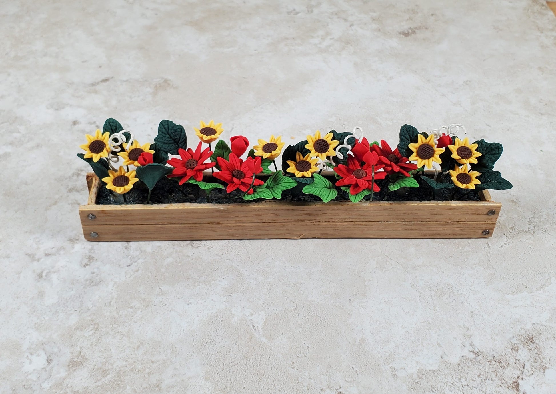 Dollhouse Summer Flowers in a 5.5" Wood Window Box Planter 1:12 Scale Miniature