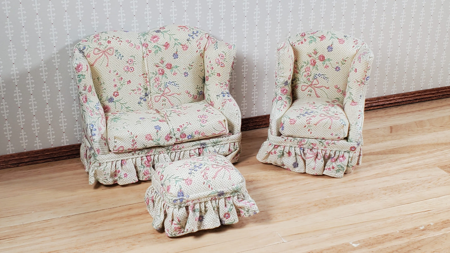 Dollhouse Small Sofa Chair Ottoman Pink Floral Ribbon 1:12 Scale Miniature Furniture